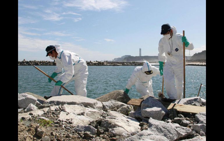 Policías con trajes protectores buscan a los desparecidos en las costas de Fukushima. AP  /