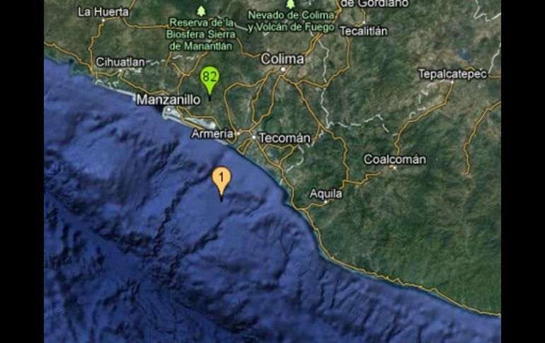 El epicentro se ubicó a 38 kilómetros al sur de Ciudad de Armería, en Colima (globo 1). ESPECIAL /