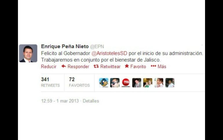 Enrique Peña Nieto felicitó a Aristóteles vía Twitter. ESPECIAL /