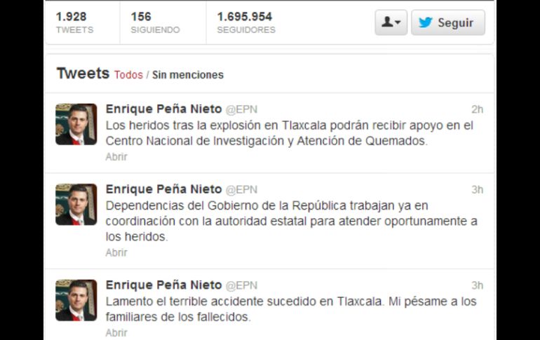 Peña señala que elementos del Gobierno y el Estado trabajan para atender a los heridos. TOMADA DE @EPN ARCHIVO /