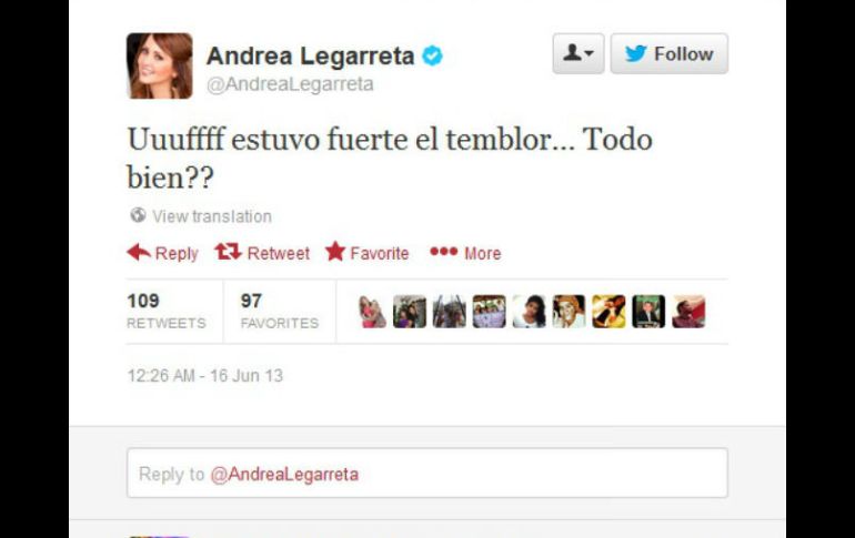 Andrea Legarreta calificó al temblor como fuerte. ESPECIAL /