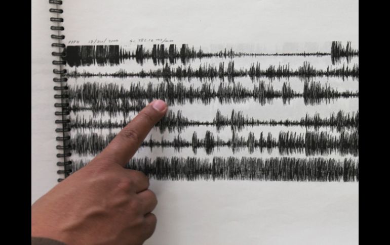 El director del Cenapred muestra la gráfica del tremor armónico de baja amplitud durante una hora en la zona del coloso. AP /