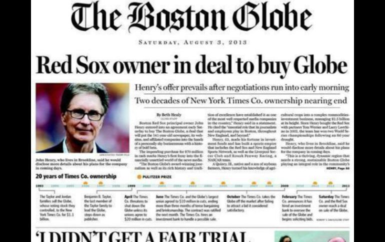 El periódico publicó la portada del impreso el día de hoy en Twitter @BostonGlobe. ESPECIAL /