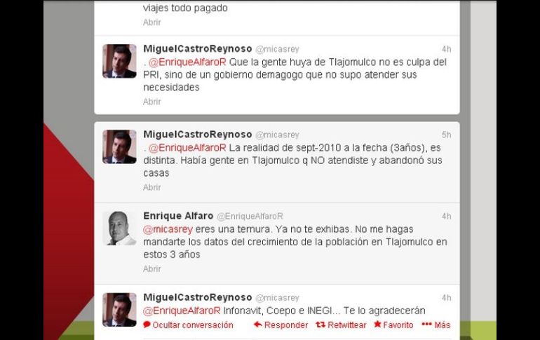 Imagen de los tuits de la discusión entre Alfaro y Miguel Castro. ESPECIAL /