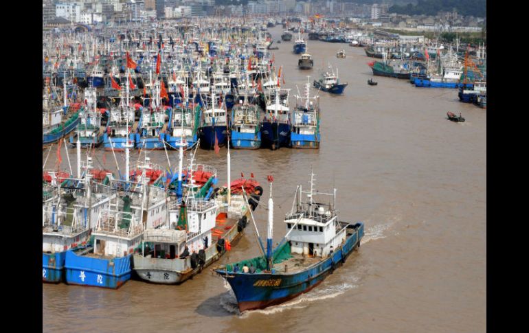 Barcos de pesca fueron atracados en el puerto de Zhoushan para evitar el poderoso tifón Fitow en la provincia de Zhejian. AFP /