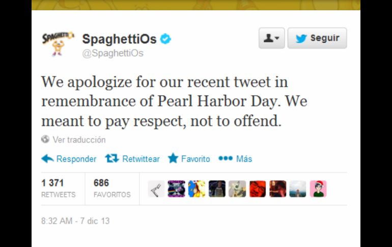 La cuenta de Twitter de SpaghettiOs, envió un mensaje de seguimiento por Twitter, para disculparse por su tuit. ESPECIAL /