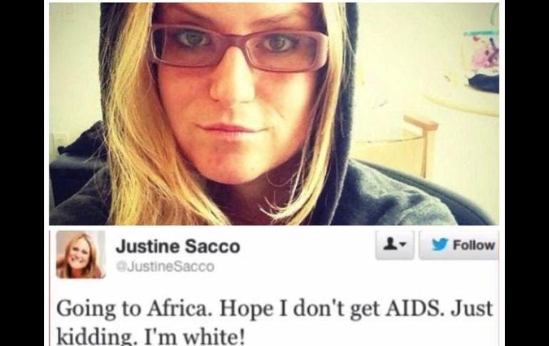 La marea de críticas no se hizo esperar, por lo que tuvo que cerrar su cuenta de Twitter @JustineSacco. ESPECIAL /