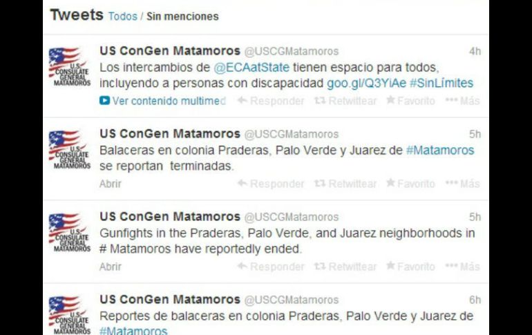 Imagen de la cuenta de Twitter donde el consulado informó de los enfrentamientos. ESPECIAL /