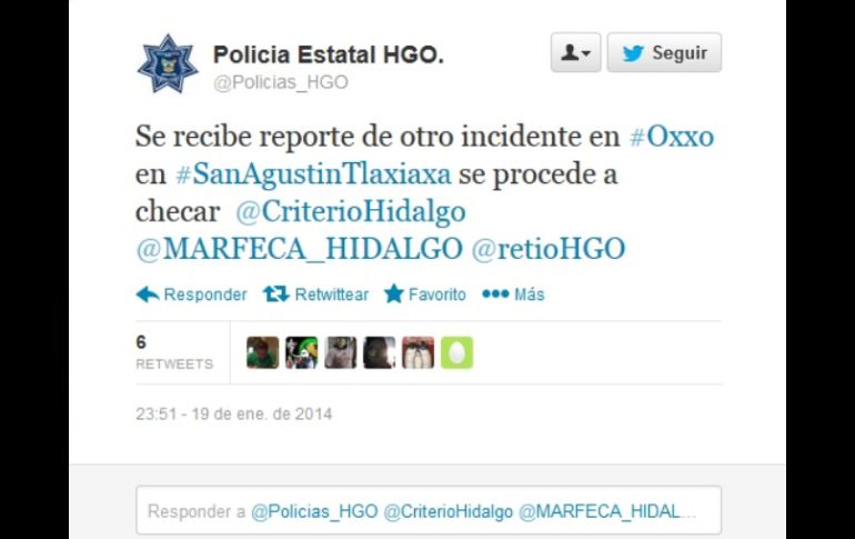 'Se recibe reporte de incidente en Oxxo en SanAgustinTlaxiaxa se procede a checar', sigla uno de los tuits.@Policias_HGO ESPECIAL /