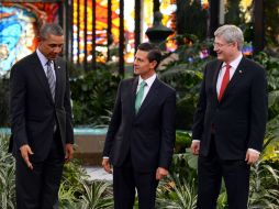 Obama (i), Peña Nieto (c) y Harper (d) durante la toma de la fotografía oficial en el Cosmovitral Jardín Botánico en Toluca. AFP /