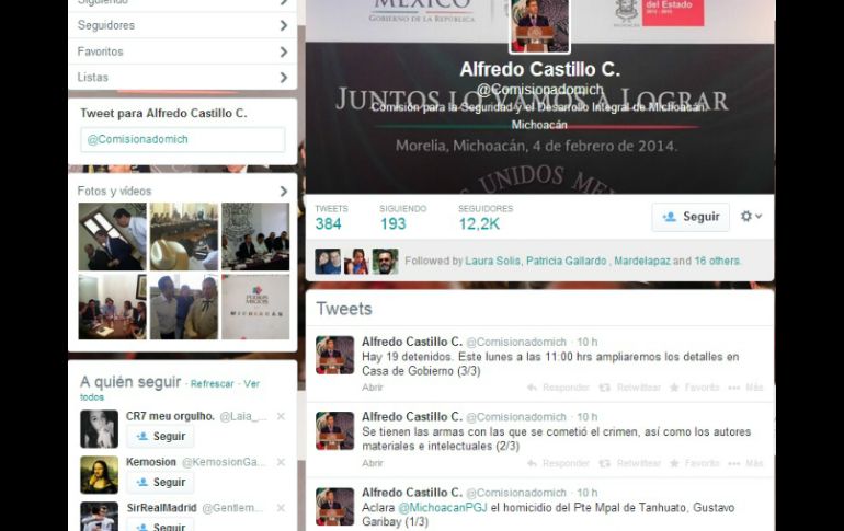 En redes sociales, Castillo dio a conocer sobre la aprehensión de autores materiales e intelectuales. ESPECIAL /