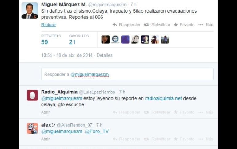 El mandatario guanajuatense, Miguel Márquez Márquez, comunicó lo sucesido en su cuenta deTwitter: @miguelmarquezm. ESPECIAL /