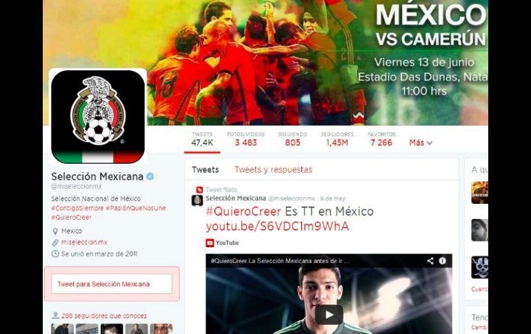 El Tri tiene más de un millón de seguidores en esta red social. Twitter: @MiSeleccionMX. ESPECIAL /