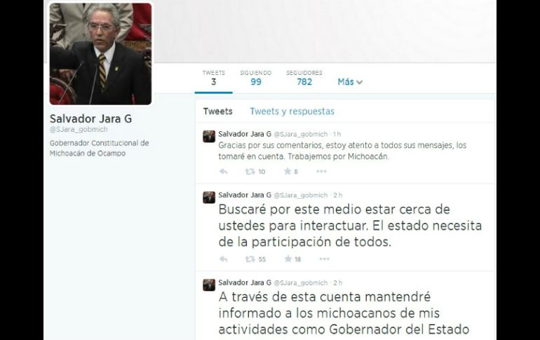 Aspecto de la cuenta de Twitter del gobernador Salvador Jara Guerrero. ESPECIAL /