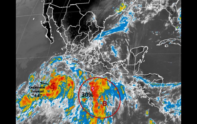 La depresión tropical 4-E se ubica a 525 kilómetros al sur-suroeste de Manzanillo, Colima. TOMADA DE @conagua_clima  /