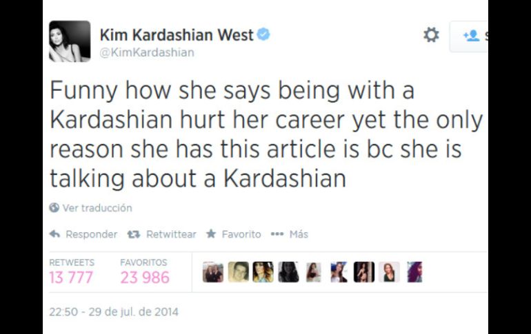 'Me parece gracioso que diga que haber salido con un Kardashian dañó su carrera', publica Kim. ESPECIAL /