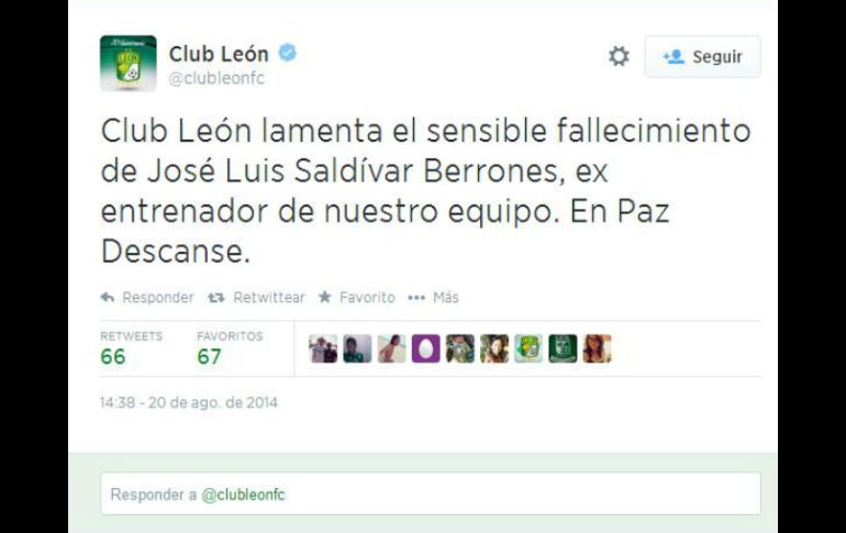 En su Twitter @clubleonfc el León dió a conocer la noticia y lamentó el fallecimiento. ESPECIAL /