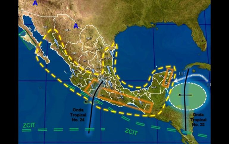 Las ondas tropicales 24 (i) y 25 (d) afectarán territorio nacional. TOMADA DE @conagua_clima  /