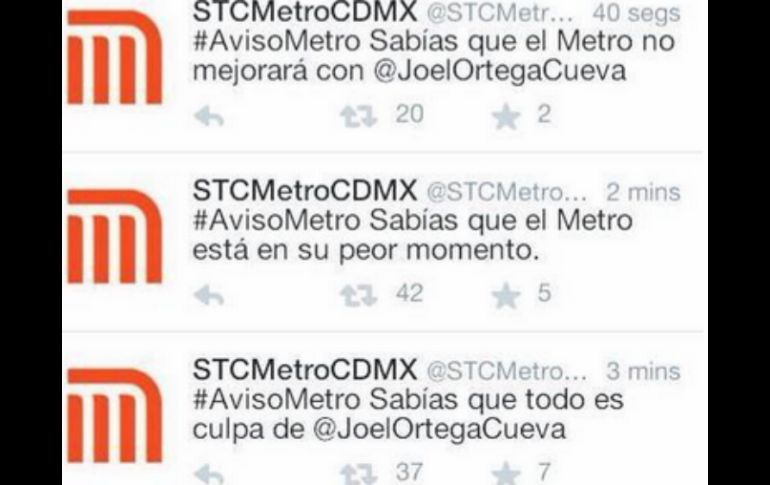 Imagen de algunos de los tuits que se publicaron en la cuenta del Metro cuando fue hackeada. ESPECIAL  @STCMetroCDMX.  /