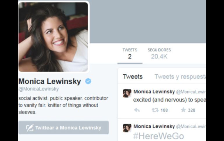'#AquiVamos', escribe escuetamente en su primer tuit. TWITTER / @MonicaLewinsky