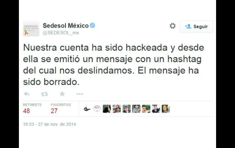 Alrededor de las 21:00 horas, la dependencia informó que su cuenta había sido intervenida ilegalmente. TWITTER / @SEDESOL_mx