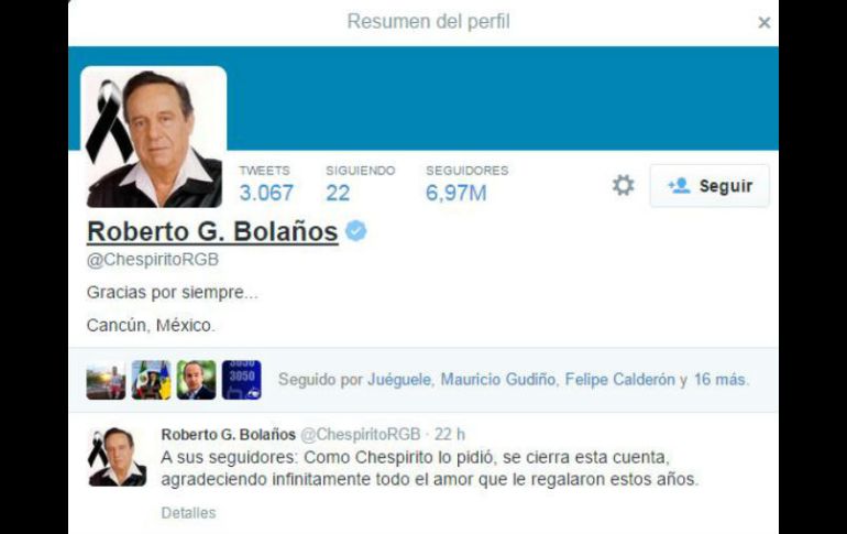 La cuenta de Twitter de Roberto Gómez Bolaños cuenta hasta el momento con casi siete millones de seguidores TWITTER / @ChespiritoRGB