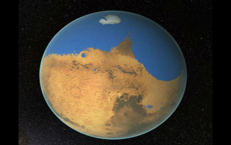 Se cree que el océano marciano, con unos 20 millones de kilómetros cúbicos, se concentró en las planicies del hemisferio Norte. EFE / NASA