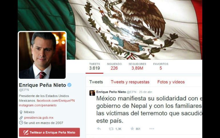 La Presidencia de México también es uno de los cinco líderes más activos en Twitter con un promedio de 63 tuits al día. TWITTER / @EPN