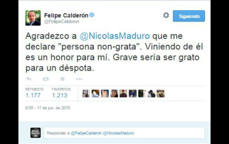El ex presidente responde al ser nombrado persona ''non grata'' en Venezuela. TWITTER / @FelipeCalderon