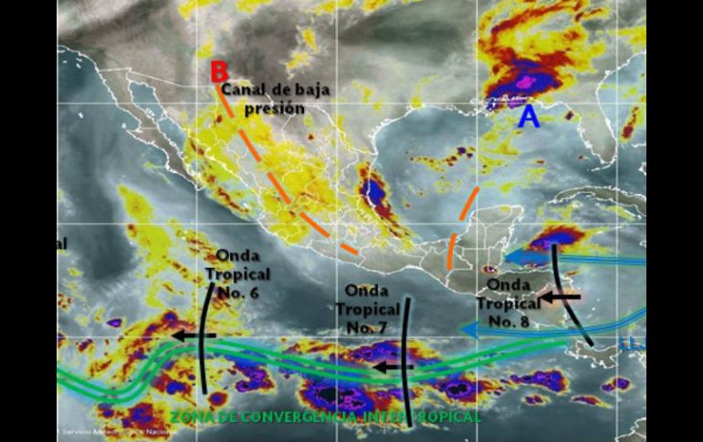 Este jueves, la onda tropical número 8 se extenderá sobre el sureste del país y generará lluvias intensas. ESPECIAL / smn.conagua.gob.mx