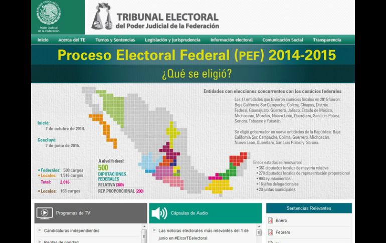 En el sitio se difunden las sentencias trascendentes emitidas por el TEPJF sobre el procedimiento electoral. ESPECIAL / te.gob.mx/procesoelectoral