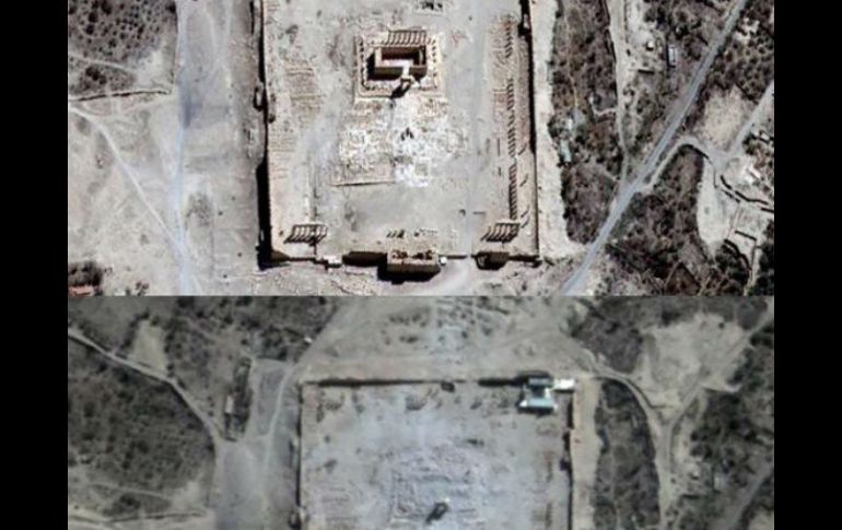 En una imagen de satélite del 27 de agosto se ve con claridad el templo, una estructura rectangular rodeada de columnas. EFE / UNOSAT