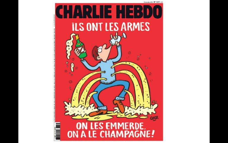 En la portada, un hombre acribillado bebe champán mientras baila; el licor sale por los orificios dejados por las balas. ESPECIAL /