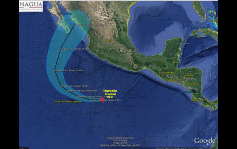El ciclón se ubica a 750 km al sur-suroeste de Acapulco, Guerrero, y a 795 km al sur de Lázaro Cárdenas, Michoacán. TWITTER / @conagua_clima
