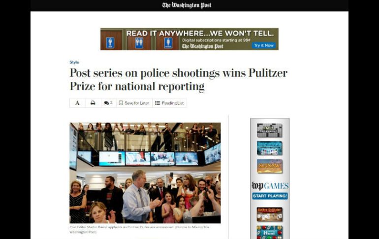 El diario ya presume el logro en su página de internet. ESPECIAL / Washington Post