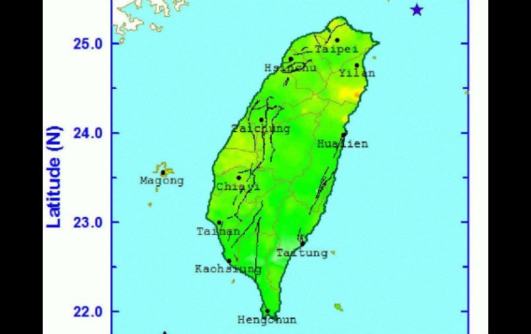 Imagen facilitada por el Servicio Meteorológico de Taiwán que muestra el epicentro del sismo. EFE / Taiwan Central Weather Bureau