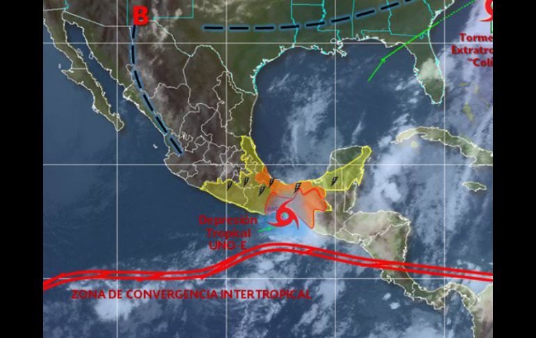 La depresión tropical 1-E presenta vientos máximos sostenidos de 55 kilómetros por hora y rachas de 75. TWITTER / @conagua_clima