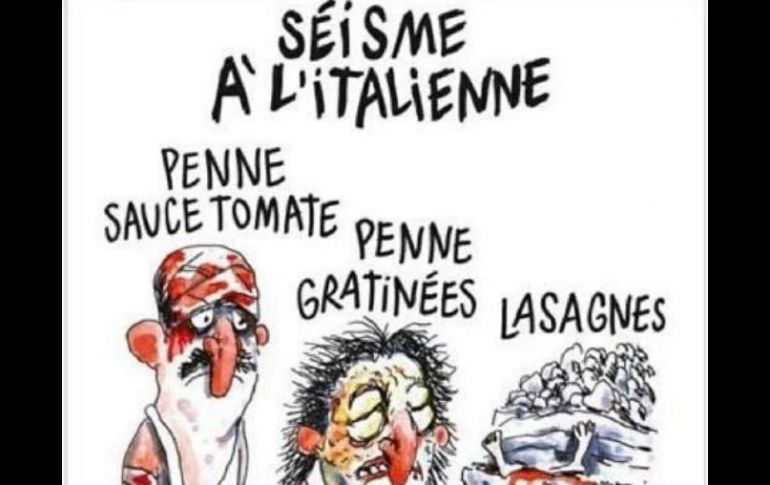 La embajada francesa en Italia dio una disculpa y señala que la imagen no representa la posición de Francia respecto al sismo. ESPECIAL / Charlie Hebdo