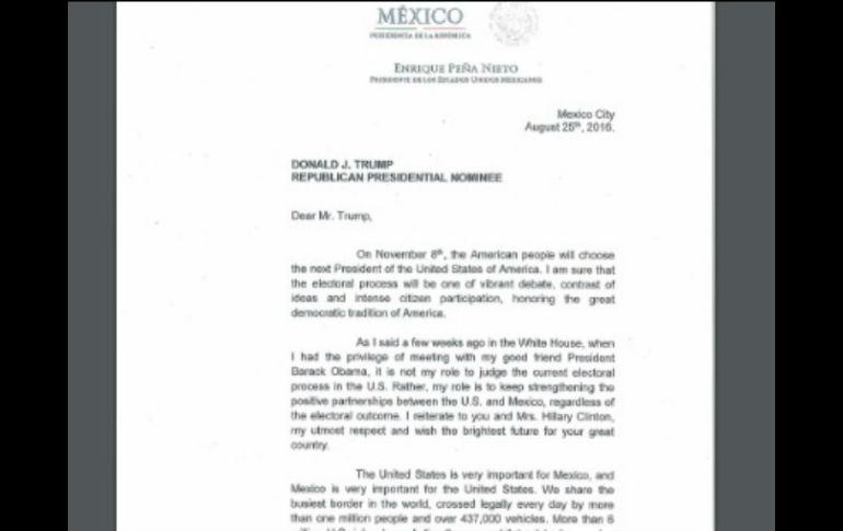 El gobierno hace públicas las invitaciones a los candidatos a la presidencia de EU, la cual sólo Trump aceptó. ESPECIAL / Presidencia de México