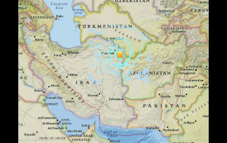 El movimiento se produjo a las 10:39 horas locales, con epicentro en la localidad de Sefid Sang, a 80 kilómetros de Mashad. ESPECIAL / earthquake.usgs.gov