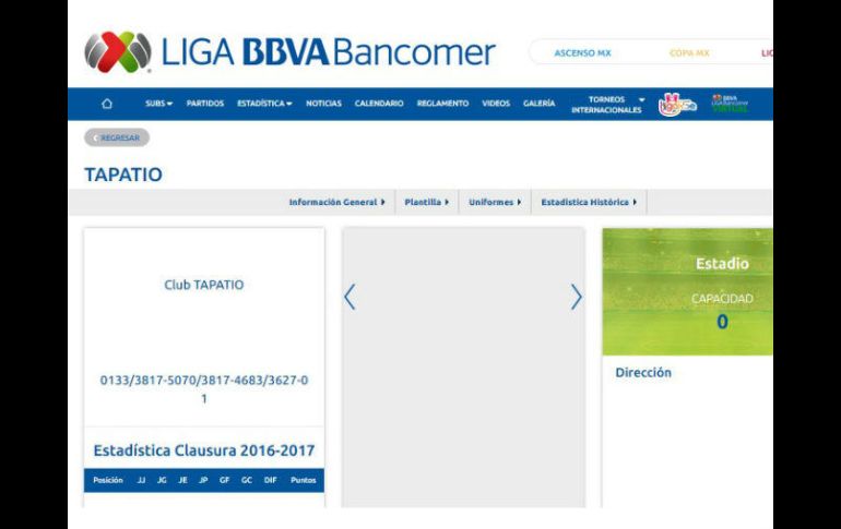 La Liga MX tiene 'apartado' el lugar del Tapatío en su página de internet. ESPECIAL / www.ligamx.net