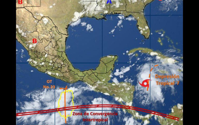 El sistema se localiza en el centro del Mar Caribe, aproximadamente a 745 kilómetros al este-sureste de Chetumal. TWITTER / @conagua_clima