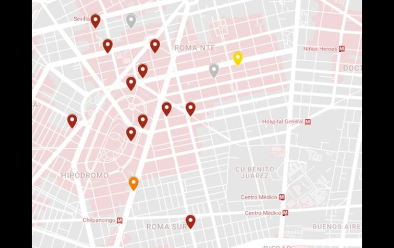Este fragmento del mapa muestra los puntos reportados en la colonia Roma. Los globos rojos indican derrumbes y los naranjas daños mayor ESPECIAL / Google Maps